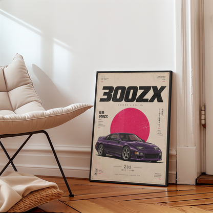 Purple 90s Japanese Sports Car Poster, JDM Coupe Wall Art, Retro Performance Car Print, Minimalist Garage Decor