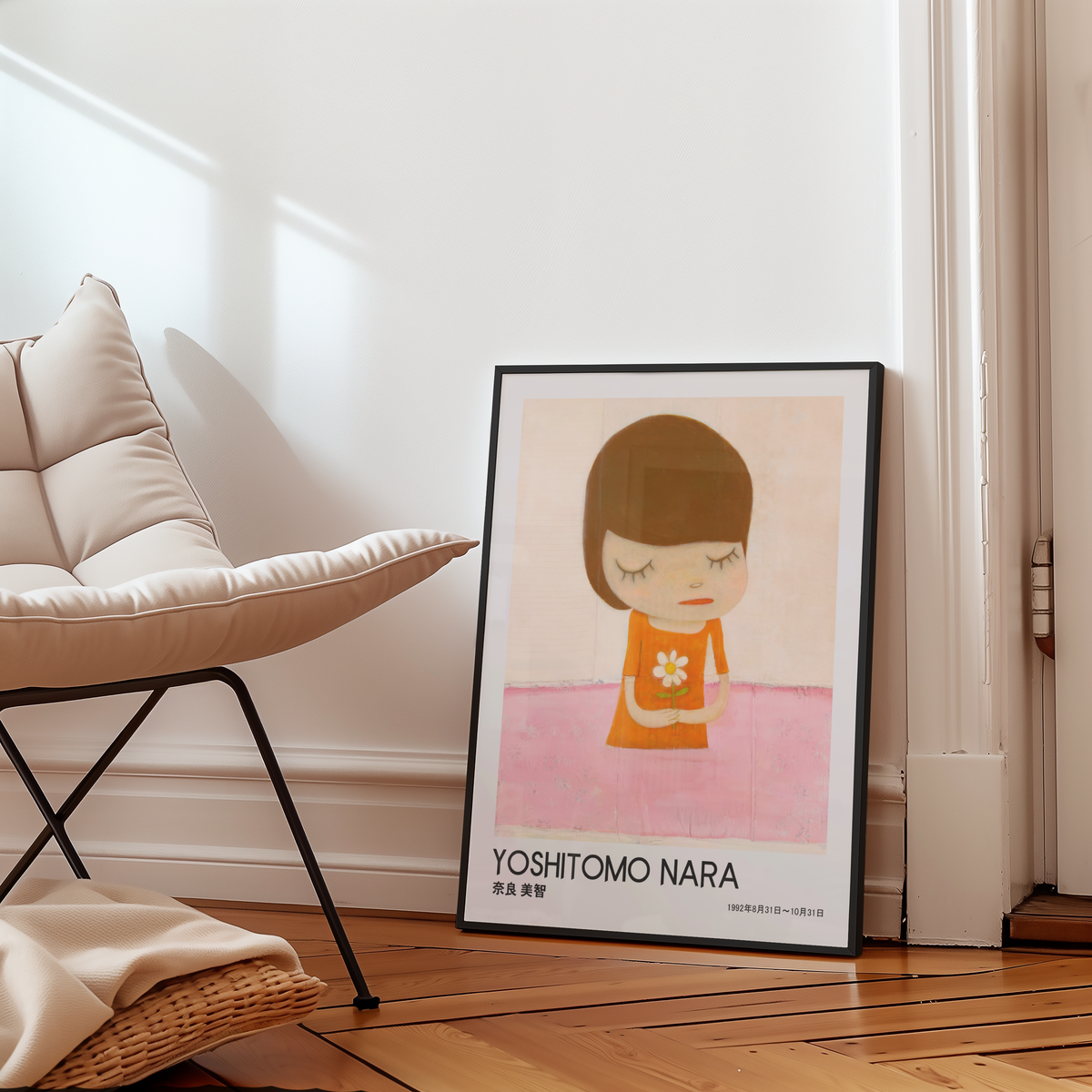 Yoshitomo Nara Girl Holding White Flower Poster, Orange Dress Pink Background, Japanese Contemporary Art Print