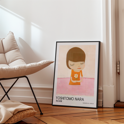 Yoshitomo Nara Girl Holding White Flower Poster, Orange Dress Pink Background, Japanese Contemporary Art Print
