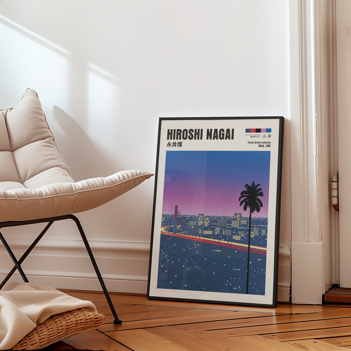 Hiroshi Nagai Pacific Breeze Poster, Tokyo Night Bridge, Palm Tree, Pink Sunset, Japanese Cityscape, Retro City Pop Wall Art
