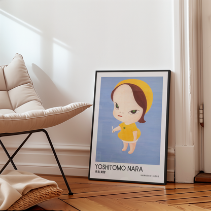 Yoshitomo Nara Yellow Girl with Knife Poster, Blue Background Japanese Art Print, Contemporary Wall Decor, Kawaii Artwork