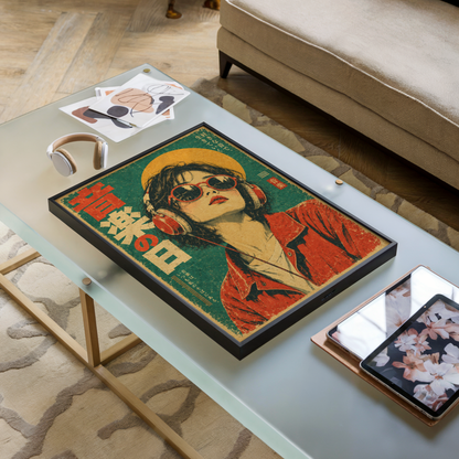 Japanese Pop Art Music Poster, Woman with Headphones and Sunglasses, Retro Portrait Wall Decor