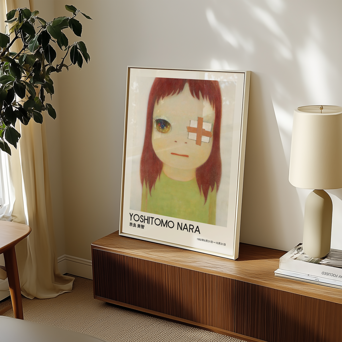 Yoshitomo Nara Bandaged Eye Girl Portrait Poster, Sparkling Eye Japanese Art Print, Green Dress Wall Decor