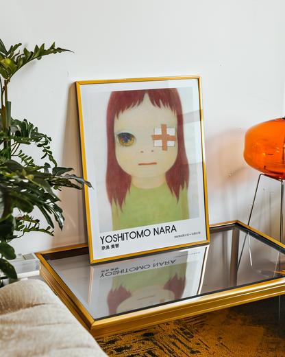 Yoshitomo Nara Bandaged Eye Girl Portrait Poster, Sparkling Eye Japanese Art Print, Green Dress Wall Decor
