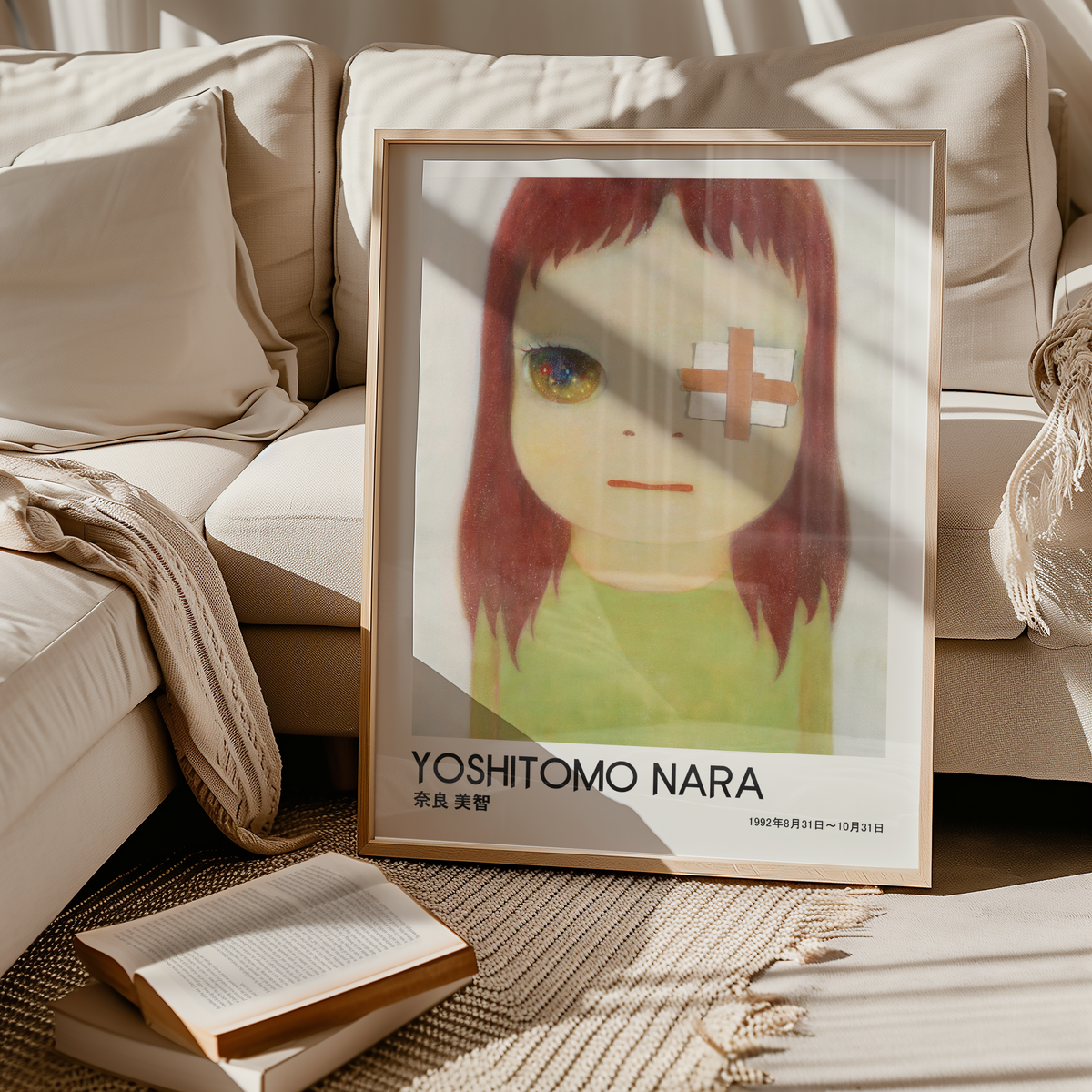 Yoshitomo Nara Bandaged Eye Girl Portrait Poster, Sparkling Eye Japanese Art Print, Green Dress Wall Decor