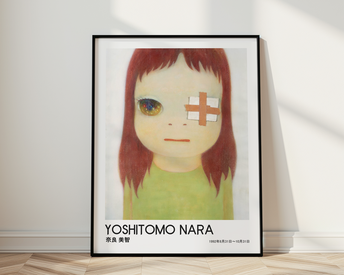 Yoshitomo Nara Bandaged Eye Girl Portrait Poster, Sparkling Eye Japanese Art Print, Green Dress Wall Decor
