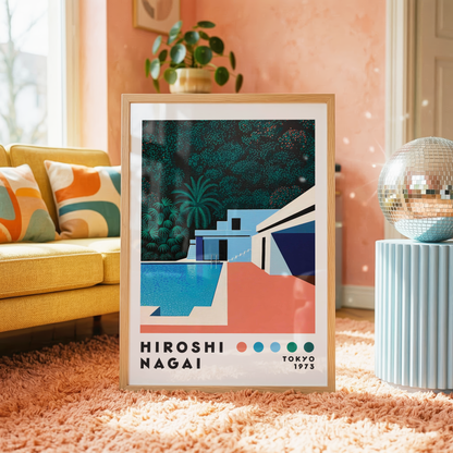Hiroshi Nagai Pacific Breeze Poster, Mid Century Modern Pool Art, Japanese Retro Villa Print, Tropical Architecture Wall Decor