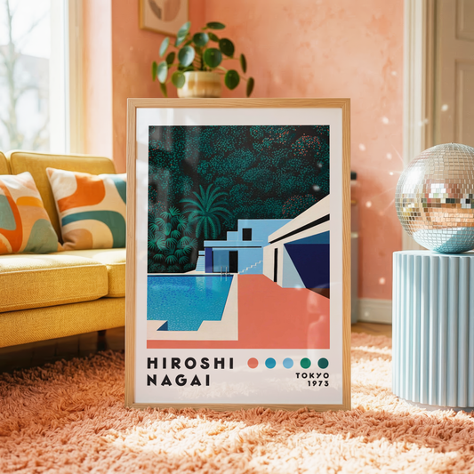 Hiroshi Nagai Pacific Breeze Poster, Mid Century Modern Pool Art, Japanese Retro Villa Print, Tropical Architecture Wall Decor