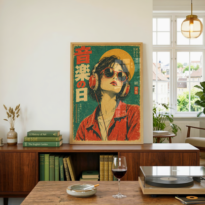 Japanese Pop Art Music Poster, Woman with Headphones and Sunglasses, Retro Portrait Wall Decor