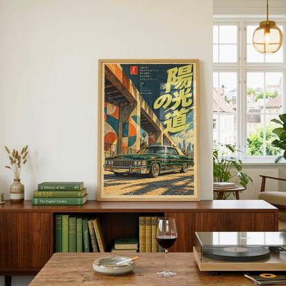 Japanese Lowrider Poster, Green Classic Car Beneath a California Overpass, Retro West Coast Wall Art