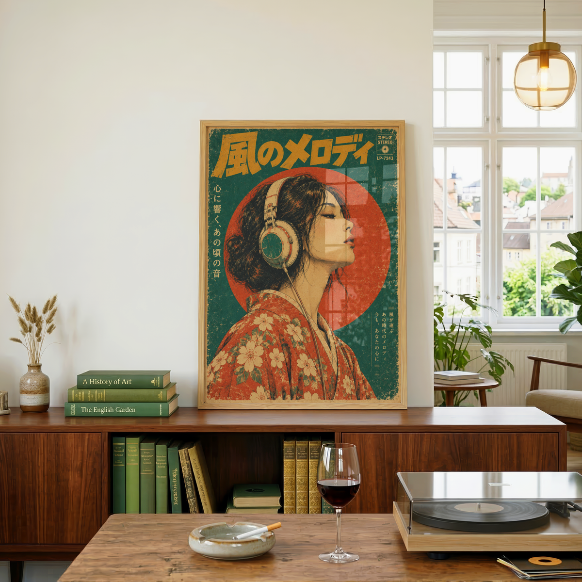 Vintage Japanese Music Poster, Woman Wearing Headphones, Retro Vinyl Era Wall Art