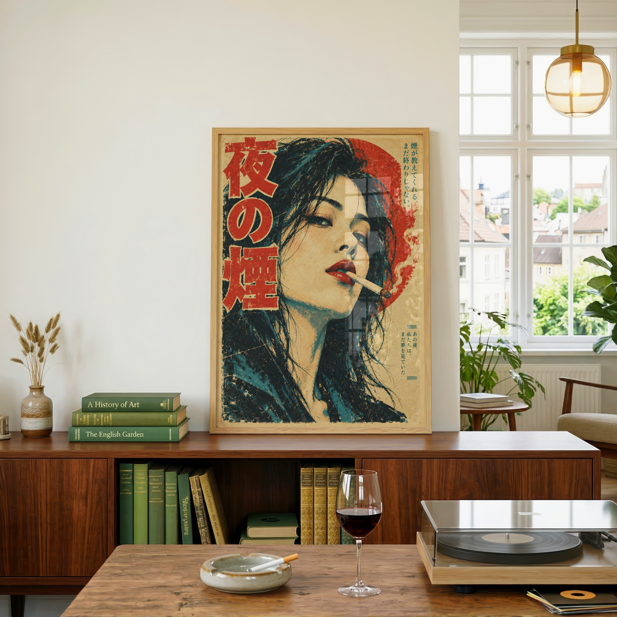 Vintage Japanese Noir Poster, Woman Smoking at Night, Retro Cinematic Portrait Wall Art