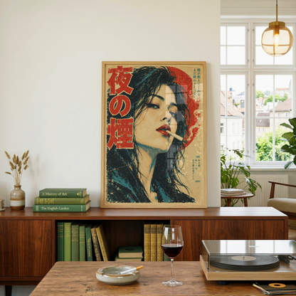 Vintage Japanese Noir Poster, Woman Smoking at Night, Retro Cinematic Portrait Wall Art