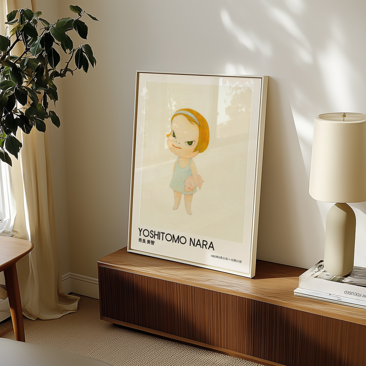 Yoshitomo Nara Girl Holding Pig Poster, Blonde Hair Japanese Art Print, Blue Dress Contemporary Wall Decor