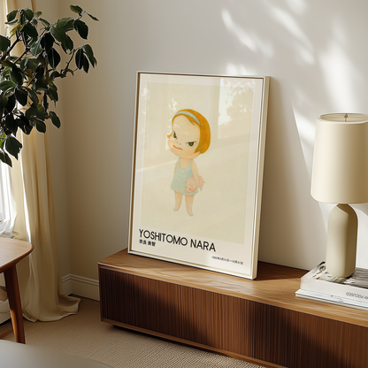 Yoshitomo Nara Girl Holding Pig Poster, Blonde Hair Japanese Art Print, Blue Dress Contemporary Wall Decor