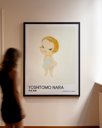 Yoshitomo Nara Girl Holding Pig Poster, Blonde Hair Japanese Art Print, Blue Dress Contemporary Wall Decor