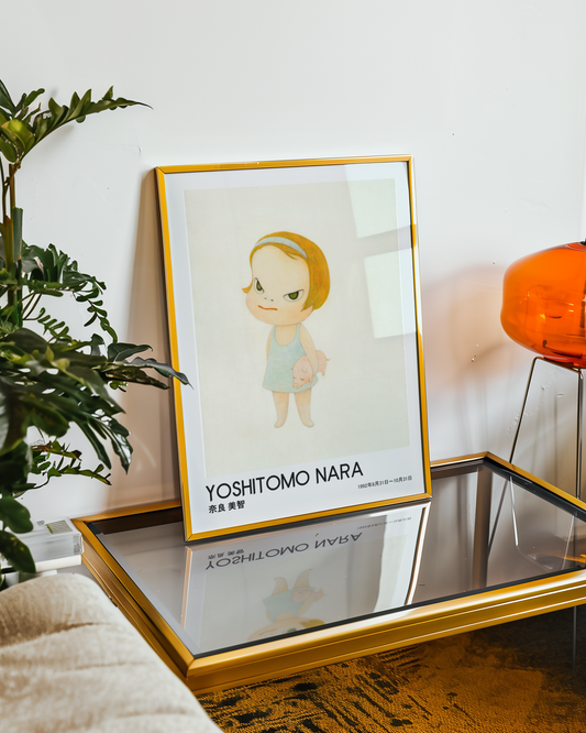 Yoshitomo Nara Girl Holding Pig Poster, Blonde Hair Japanese Art Print, Blue Dress Contemporary Wall Decor