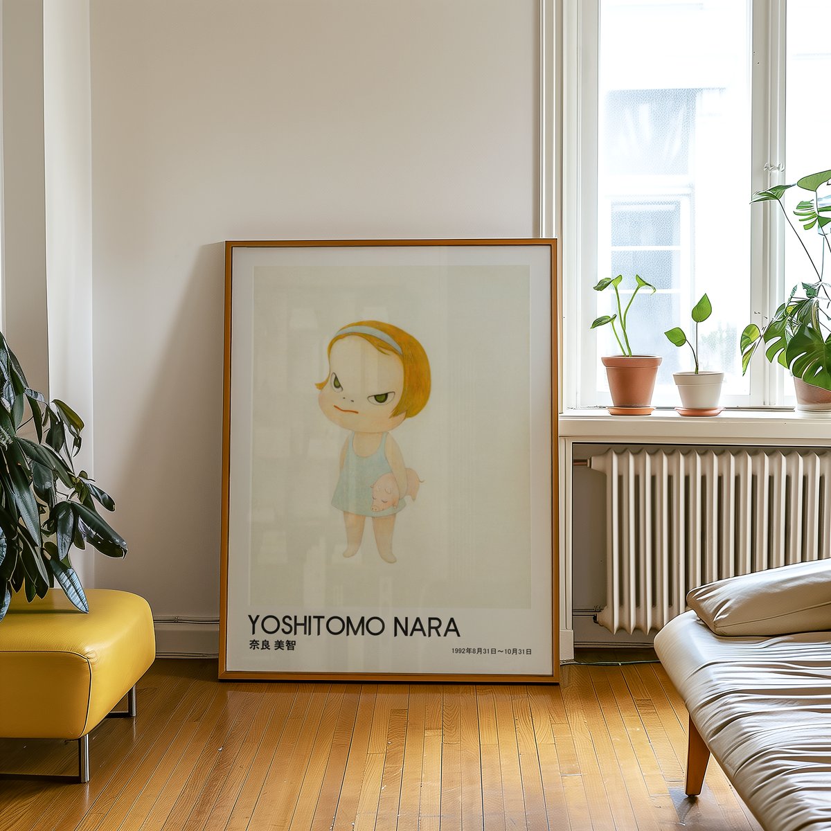Yoshitomo Nara Girl Holding Pig Poster, Blonde Hair Japanese Art Print, Blue Dress Contemporary Wall Decor