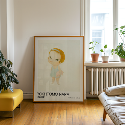 Yoshitomo Nara Girl Holding Pig Poster, Blonde Hair Japanese Art Print, Blue Dress Contemporary Wall Decor