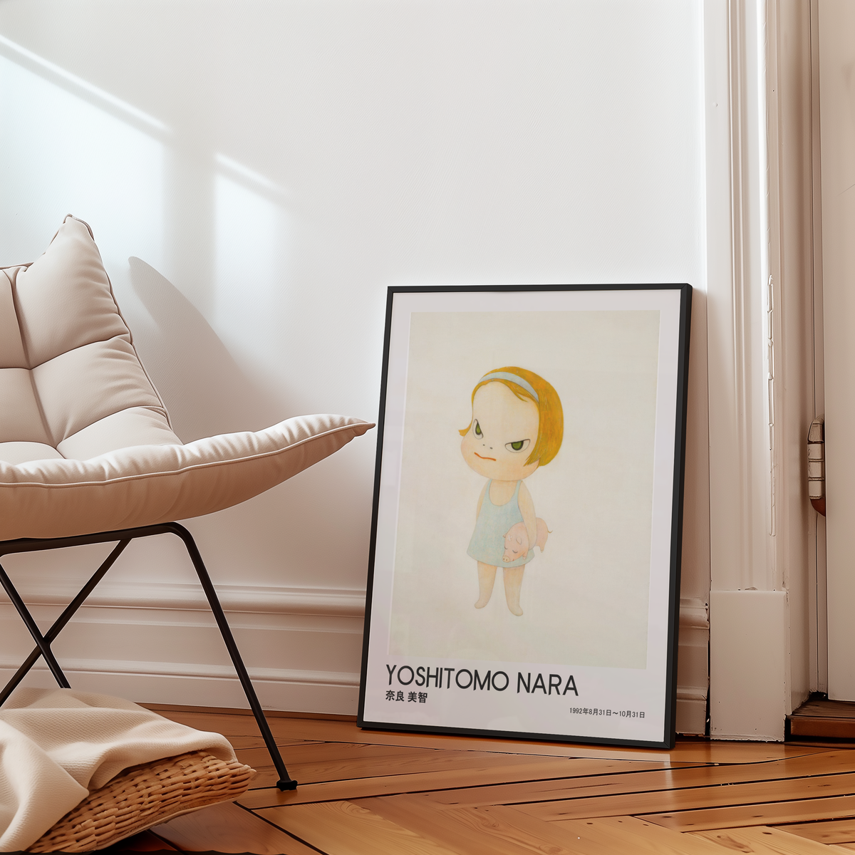 Yoshitomo Nara Girl Holding Pig Poster, Blonde Hair Japanese Art Print, Blue Dress Contemporary Wall Decor