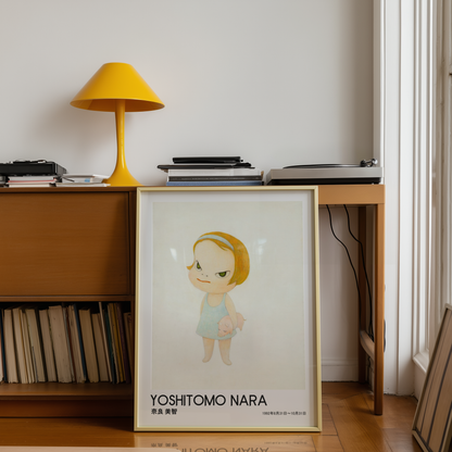 Yoshitomo Nara Girl Holding Pig Poster, Blonde Hair Japanese Art Print, Blue Dress Contemporary Wall Decor