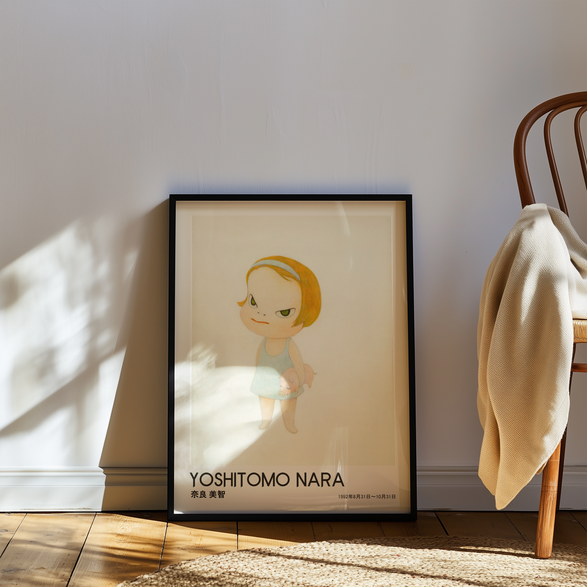 Yoshitomo Nara Girl Holding Pig Poster, Blonde Hair Japanese Art Print, Blue Dress Contemporary Wall Decor