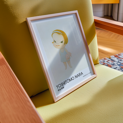 Yoshitomo Nara Girl Holding Pig Poster, Blonde Hair Japanese Art Print, Blue Dress Contemporary Wall Decor