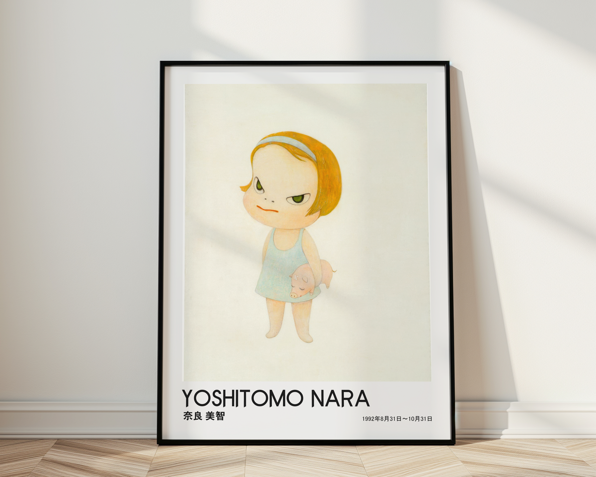 Yoshitomo Nara Girl Holding Pig Poster, Blonde Hair Japanese Art Print, Blue Dress Contemporary Wall Decor