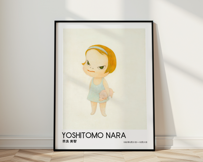 Yoshitomo Nara Girl Holding Pig Poster, Blonde Hair Japanese Art Print, Blue Dress Contemporary Wall Decor