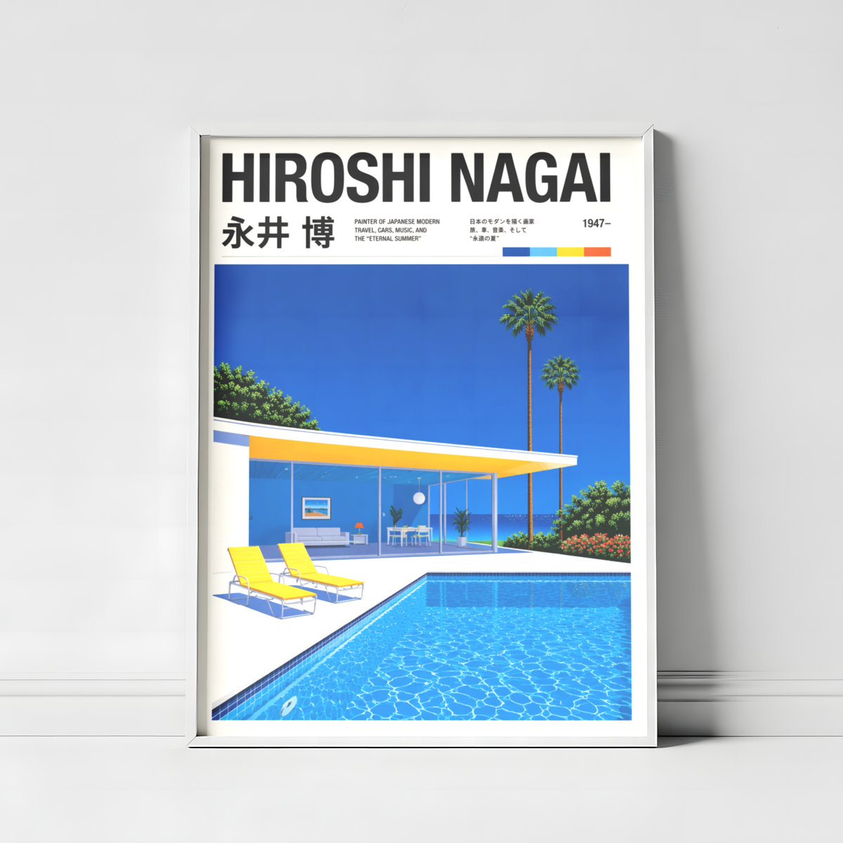 Affiche style Hiroshi Nagai, villa moderne avec piscine, palmiers tropicaux, art japonais rétro, décoration murale City Pop