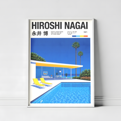 Affiche style Hiroshi Nagai, villa moderne avec piscine, palmiers tropicaux, art japonais rétro, décoration murale City Pop