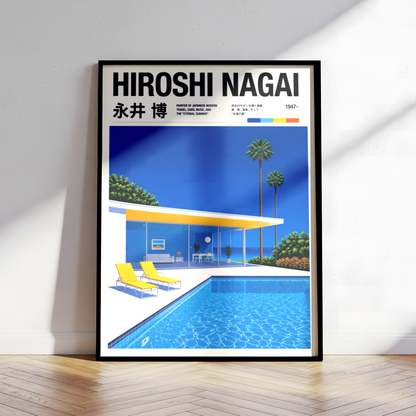 Affiche style Hiroshi Nagai, villa moderne avec piscine, palmiers tropicaux, art japonais rétro, décoration murale City Pop