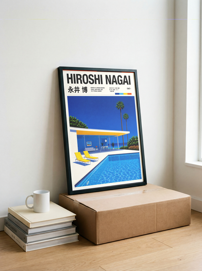 Affiche style Hiroshi Nagai, villa moderne avec piscine, palmiers tropicaux, art japonais rétro, décoration murale City Pop