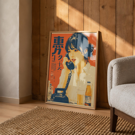 Affiche Japonaise Vintage Femme au Téléphone, Wall Art Rétro Japonais, Poster Orange, Décoration Murale Années 70