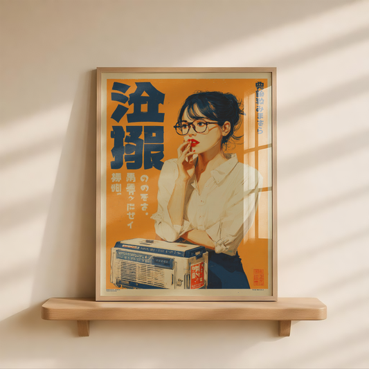 Affiche Japonaise Vintage Femme aux Lunettes, Wall Art Rétro Japonais, Poster Orange, Décoration Murale Mid-Century
