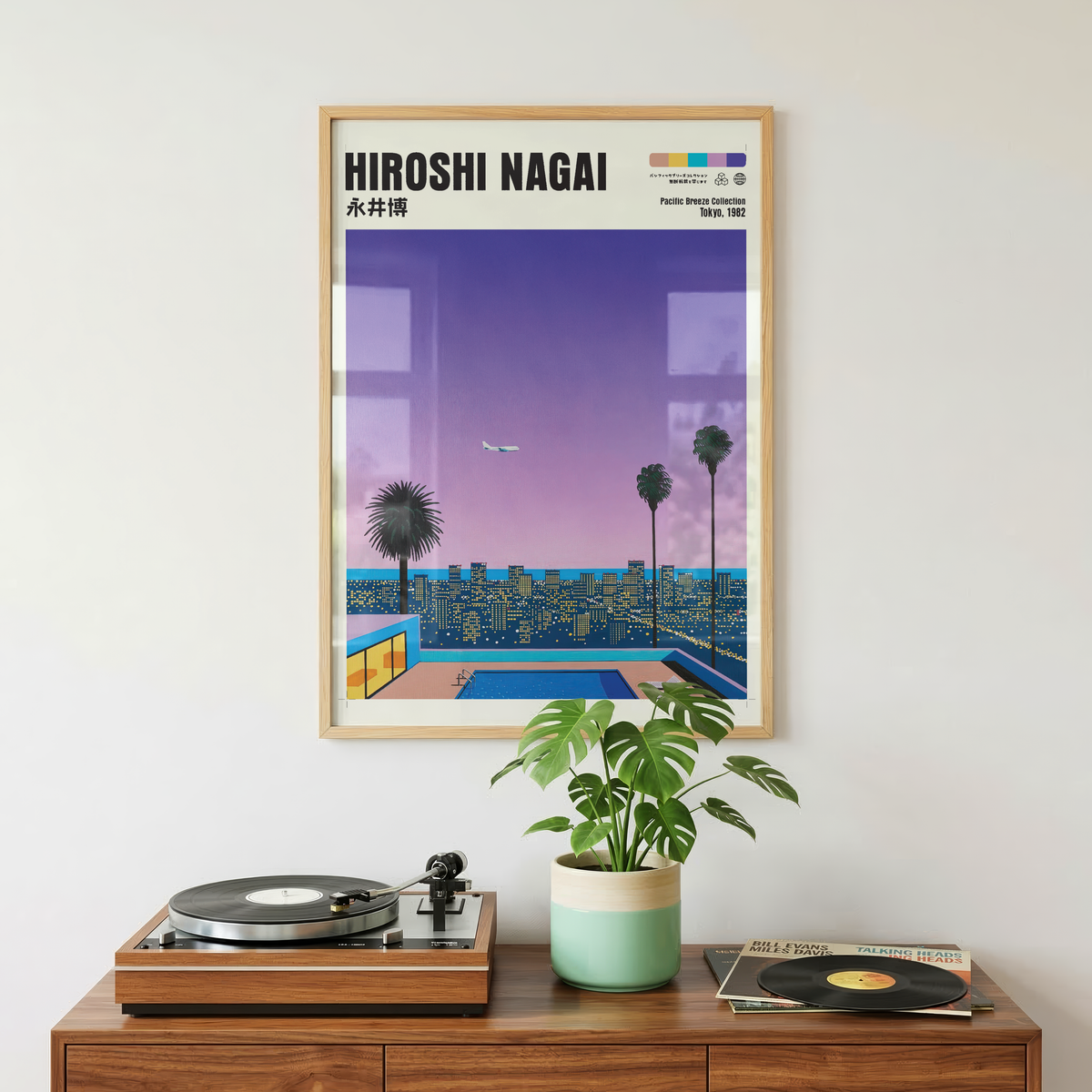 Hiroshi Nagai Pacific Breeze Poster, Tokyo Night Pool Art, Japanese City Pop Print, Retro Skyline Wall Decor, 80s Summer Artwork