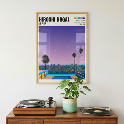 Hiroshi Nagai Pacific Breeze Poster, Tokyo Night Pool Art, Japanese City Pop Print, Retro Skyline Wall Decor, 80s Summer Artwork