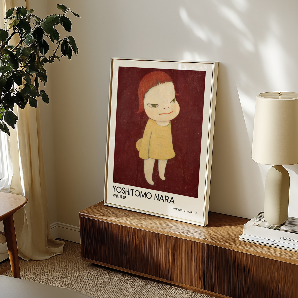 Yoshitomo Nara Red Haired Girl Yellow Dress Poster, Japanese Contemporary Art Print, Burgundy Background Wall Decor