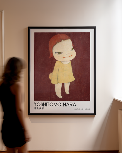 Yoshitomo Nara Red Haired Girl Yellow Dress Poster, Japanese Contemporary Art Print, Burgundy Background Wall Decor