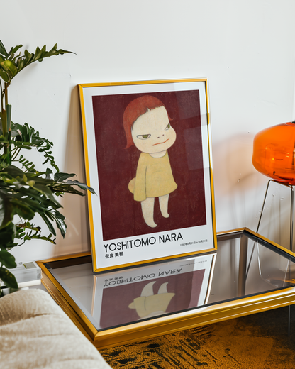 Yoshitomo Nara Red Haired Girl Yellow Dress Poster, Japanese Contemporary Art Print, Burgundy Background Wall Decor