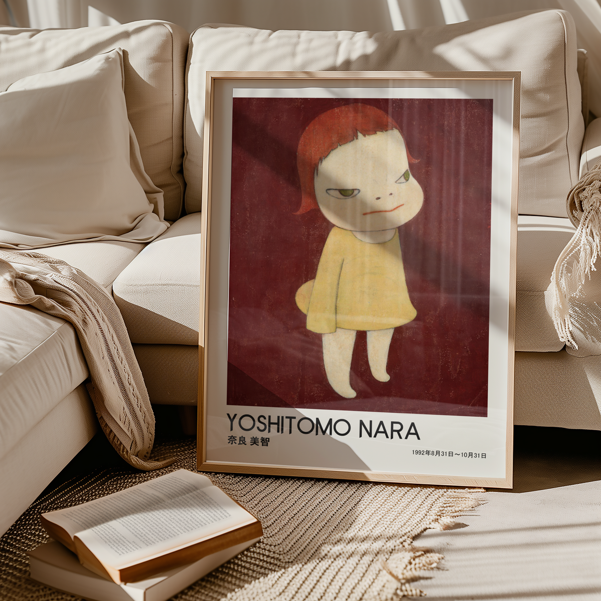 Yoshitomo Nara Red Haired Girl Yellow Dress Poster, Japanese Contemporary Art Print, Burgundy Background Wall Decor