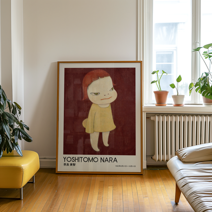 Yoshitomo Nara Red Haired Girl Yellow Dress Poster, Japanese Contemporary Art Print, Burgundy Background Wall Decor
