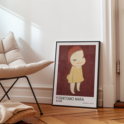 Yoshitomo Nara Red Haired Girl Yellow Dress Poster, Japanese Contemporary Art Print, Burgundy Background Wall Decor