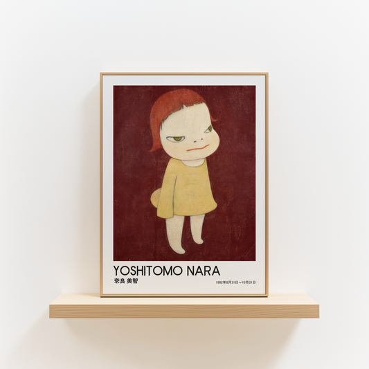 Yoshitomo Nara Red Haired Girl Yellow Dress Poster, Japanese Contemporary Art Print, Burgundy Background Wall Decor