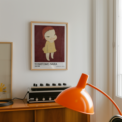 Yoshitomo Nara Red Haired Girl Yellow Dress Poster, Japanese Contemporary Art Print, Burgundy Background Wall Decor