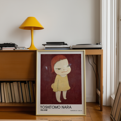Yoshitomo Nara Red Haired Girl Yellow Dress Poster, Japanese Contemporary Art Print, Burgundy Background Wall Decor
