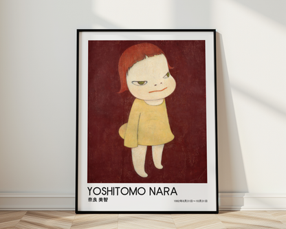 Yoshitomo Nara Red Haired Girl Yellow Dress Poster, Japanese Contemporary Art Print, Burgundy Background Wall Decor