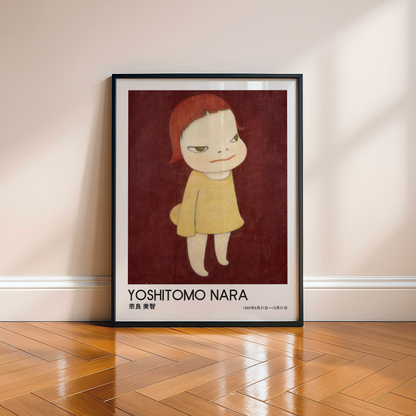 Yoshitomo Nara Red Haired Girl Yellow Dress Poster, Japanese Contemporary Art Print, Burgundy Background Wall Decor
