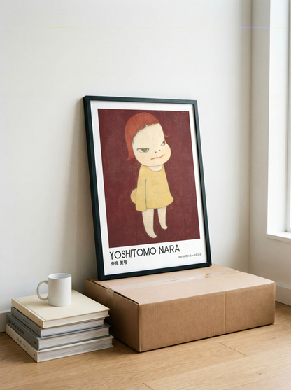 Yoshitomo Nara Red Haired Girl Yellow Dress Poster, Japanese Contemporary Art Print, Burgundy Background Wall Decor