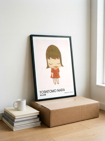 Yoshitomo Nara Sleeping Girl Poster, Red Dress Japanese Art Print, Contemporary Minimalist Wall Decor, Dreamy Artwork